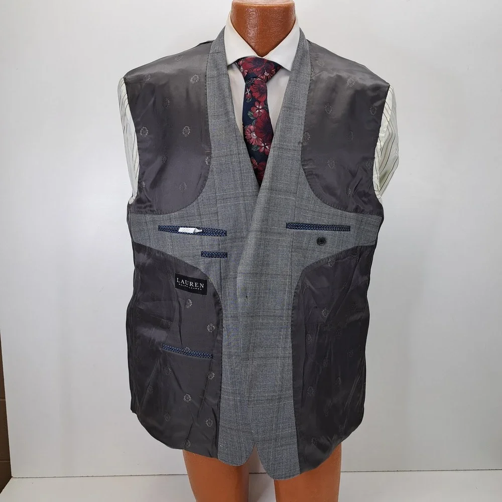LAUREN Ralph Lauren Gray Plaid Wool Blend 2 Piece Suit 48R Jacket & Pants Mens